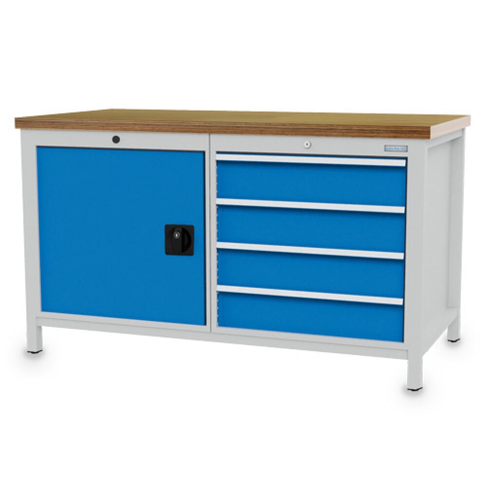 Produktabbildung: Bedrunka+Hirth Werkbank R 24-24, HxBxT 859 x 1.500 x 750 mm, lichtgrau, lichtblau, 4 Schubladen 4x150 mm, 1 Flügeltür 1x600 mm