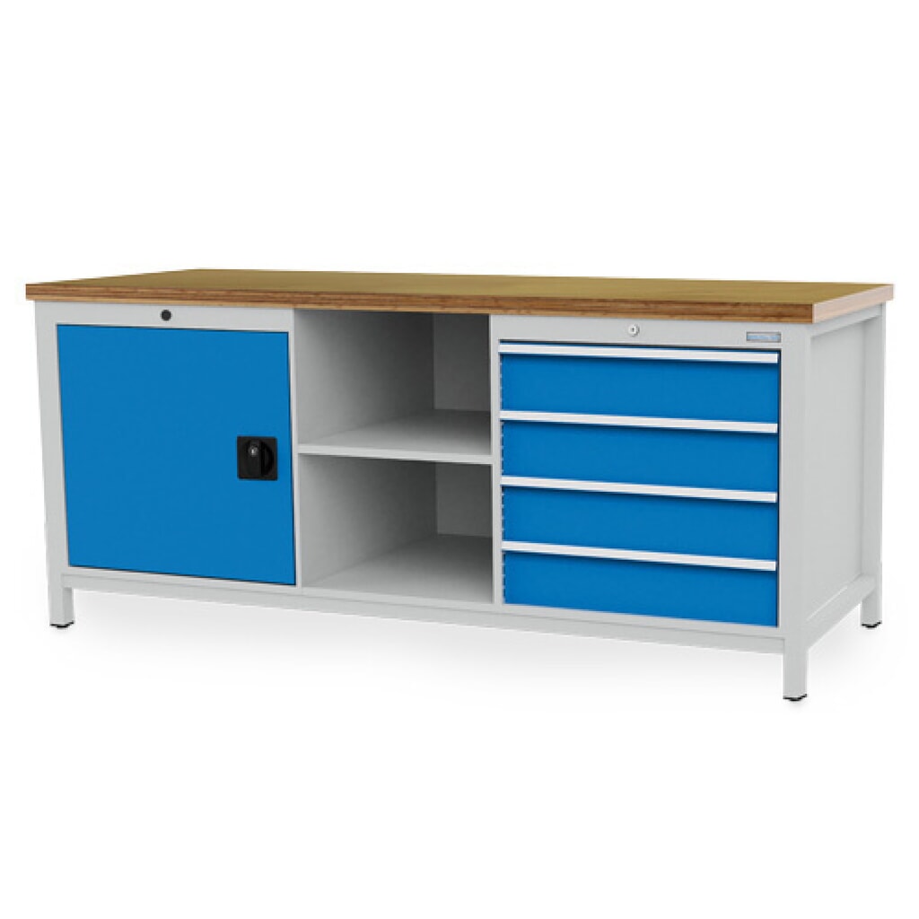 Bedrunka+Hirth Werkbank R 24-24, HxBxT 859 x 2.000 x 750 mm, lichtgrau, lichtblau, 4 Schubladen 4x150 mm, 1 Flügeltür 1x600 mm Produktabbildung: Bedrunka+Hirth Werkbank R 24-24, HxBxT 859 x 2.000 x 750 mm, lichtgrau, lichtblau, 4 Schubladen 4x150 mm, 1 Flügeltür 1x600 mm