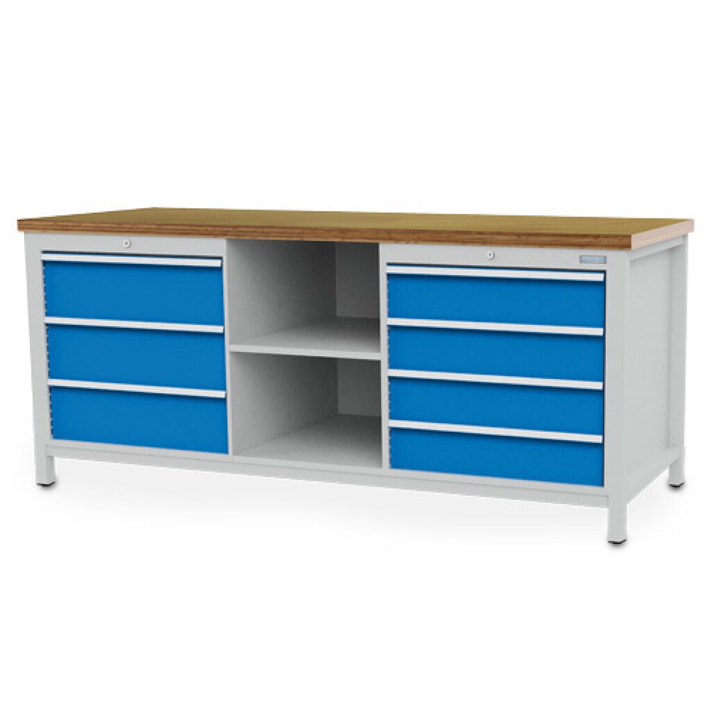 Produktabbildung: Bedrunka+Hirth Werkbank R 24-24, HxBxT 959 x 2.000 x 750 mm, lichtgrau, lichtblau, 7 Schubladen 4x150 + 3x200 mm