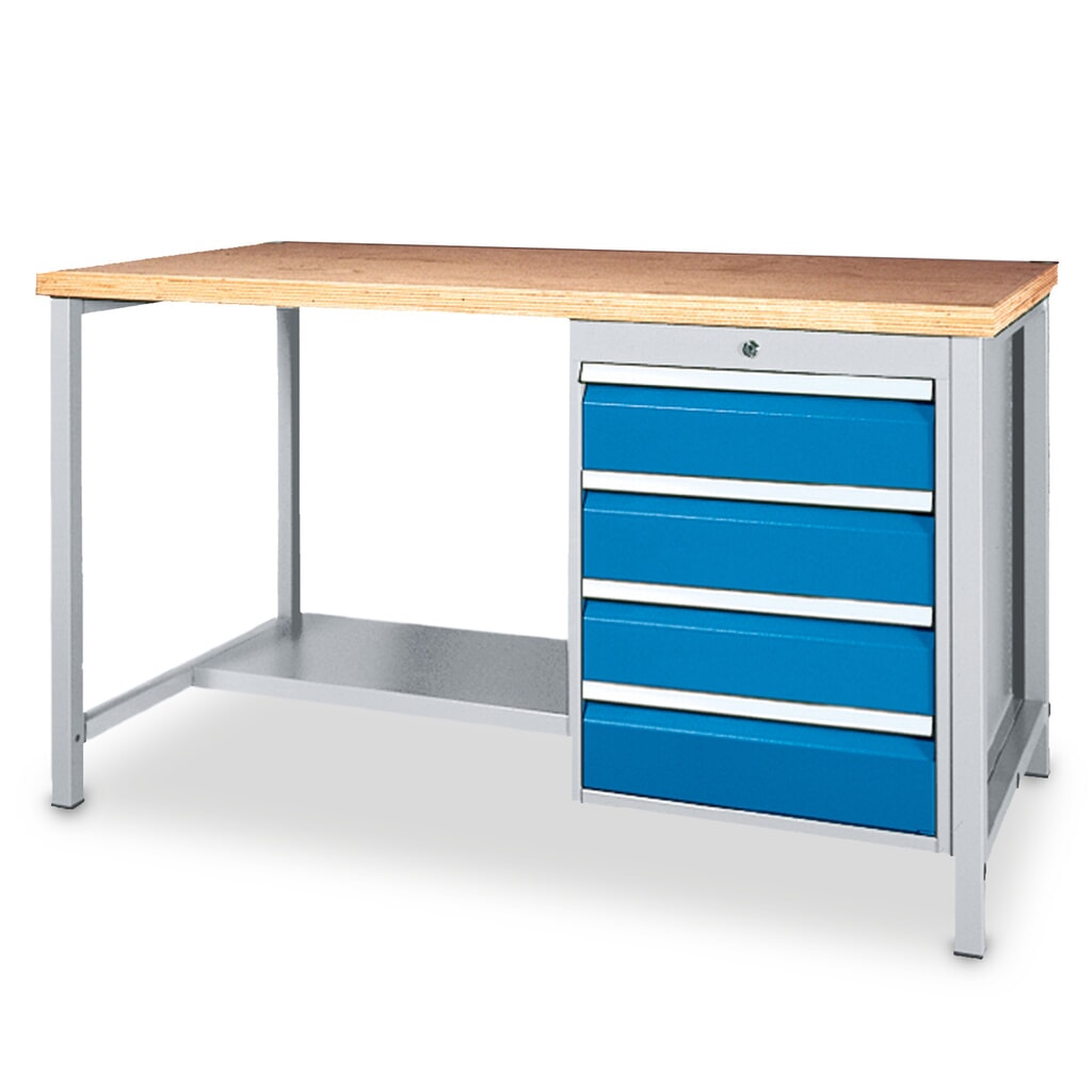 Bedrunka+Hirth Werkbanktisch mit Ablage + Schubladenblock, TK 1.000 kg, HxBxT 859 x 1.500 x 750 mm Produktabbildung: Bedrunka+Hirth Werkbanktisch mit Ablage + Schubladenblock, TK 1.000 kg, HxBxT 859 x 1.500 x 750 mm