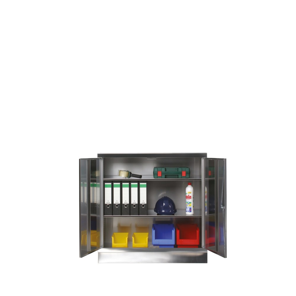 Produktabbildung: Reinsch Beistellschrank aus Edelstahl, 2-flügelig, 2 Einlegeböden, HxBxT, 1.100 x 1.000 x 400 mm, Füsse