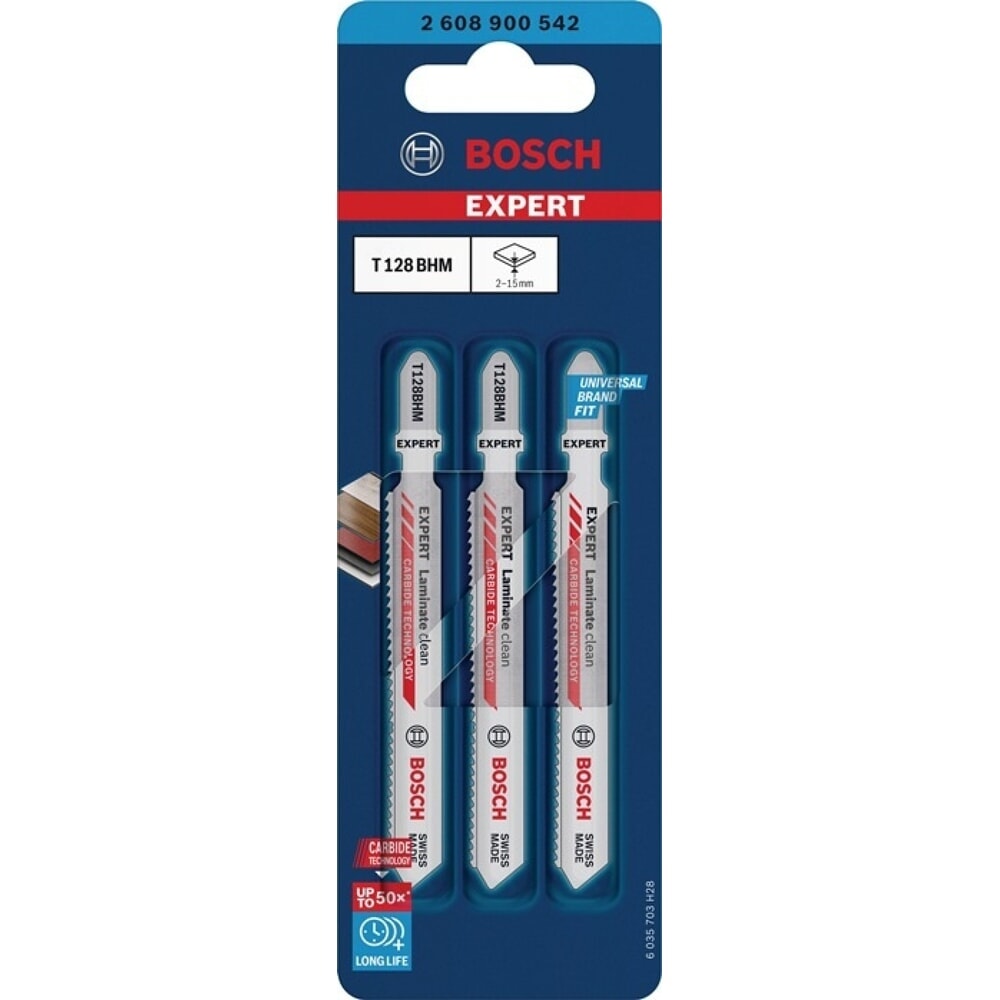 Produktabbildung Nr. 2: BOSCH Stichsägeblatt Laminate Clean T 128 BHM, Zahnteilung 1,8 mm, Gesamtlänge 92 mm, 3 Stück / Karte