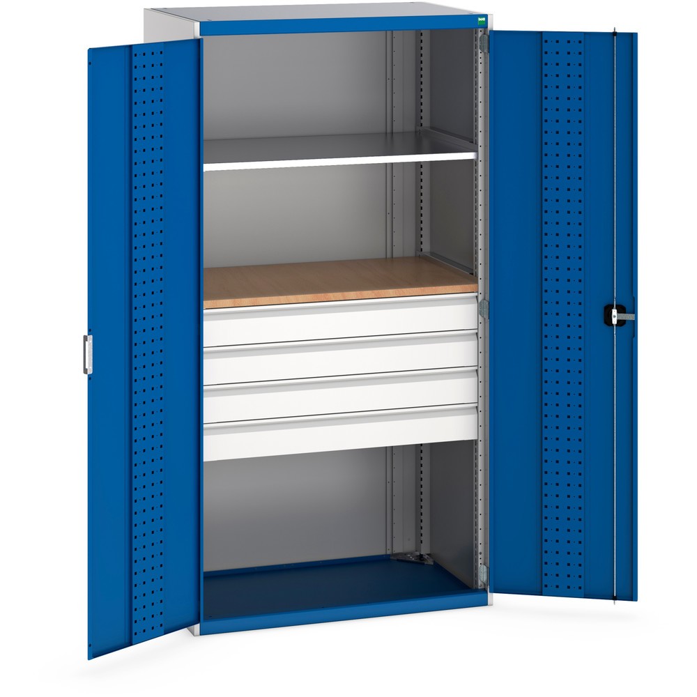 Produktabbildung: bott cubio System-Flügeltürschrank mit 1 Fachboden, 4 Schubladen, 1 Einlegeplatte, HxBxT 2.000 x 1.050 x 650 mm, enzianblau