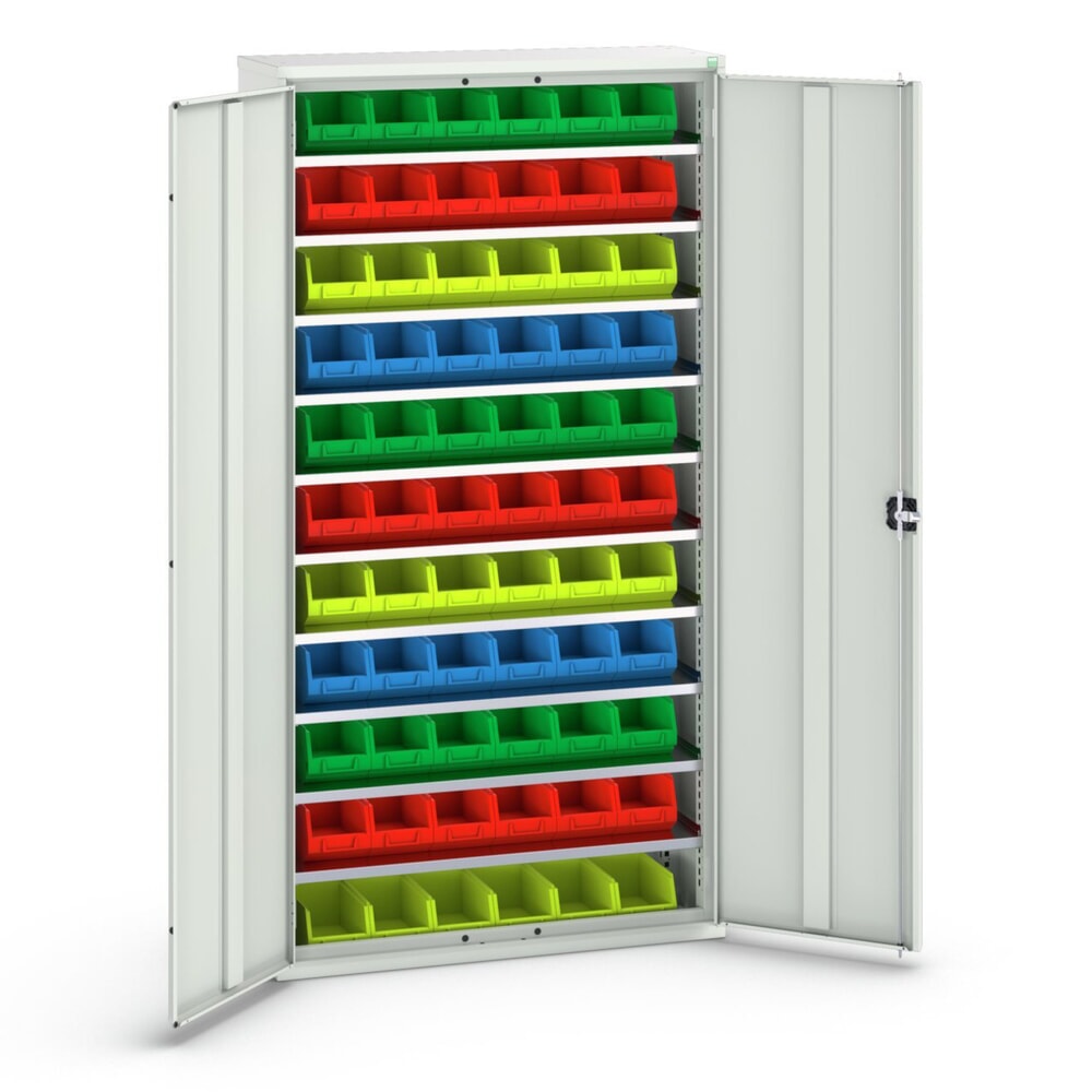 Produktabbildung: bott verso Magazinschrank, mit 10 Fachböden und 66 Sichtlagerkästen, BxTxH: 1050 x 350 x 2000 mm