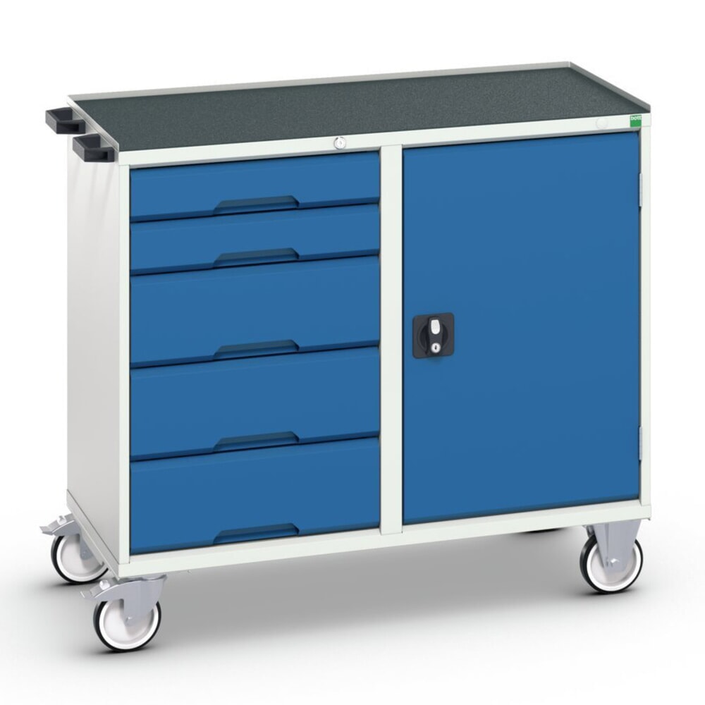 Produktabbildung: bott verso Montagewagen, mit 5 Schubladen, Tür und Abrollrand, BxTxH: 1050 x 550 x 965 mm