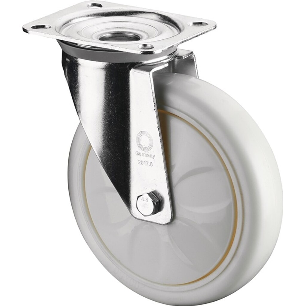 BS ROLLEN Lenkrolle, Kunststoff, Rad-Ø 150 mm Tragfähigkeit 600 kg, Platte L138xB110 mm Farbe Rolle weiss Produktabbildung: BS ROLLEN Lenkrolle, Kunststoff, Rad-Ø 150 mm Tragfähigkeit 600 kg, Platte L138xB110 mm Farbe Rolle weiss