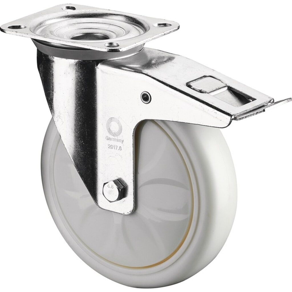 Produktabbildung: BS ROLLEN Lenkrolle, mit Feststeller Kunststoff, Rad-Ø 200 mm Tragfähigkeit 600 kg, 138x110mm weiss