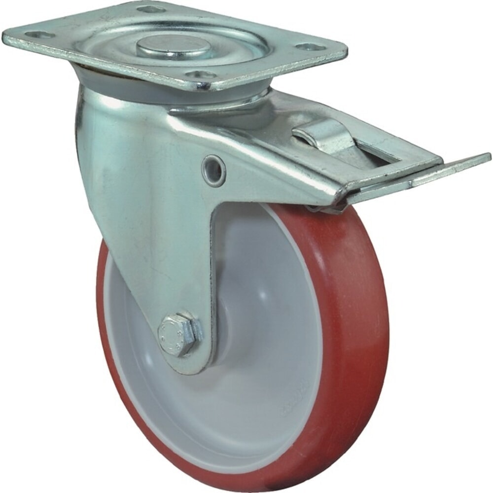 Produktabbildung: BS ROLLEN Lenkrolle, mit Totalfeststeller Polyurethan, Rad-Ø 200 mm Tragfähigkeit 300 kg, 135x110mm rot
