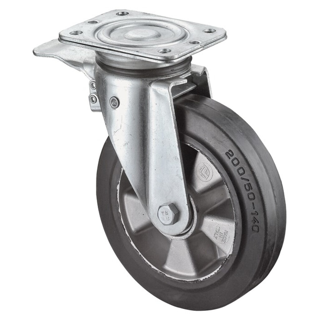 Produktabbildung: BS ROLLEN Schwerlast-Lenkrolle, Totalfesteller Gummi, Rad-Ø 200 mm Tragfähigkeit 450 kg, 135 mm 110 mm