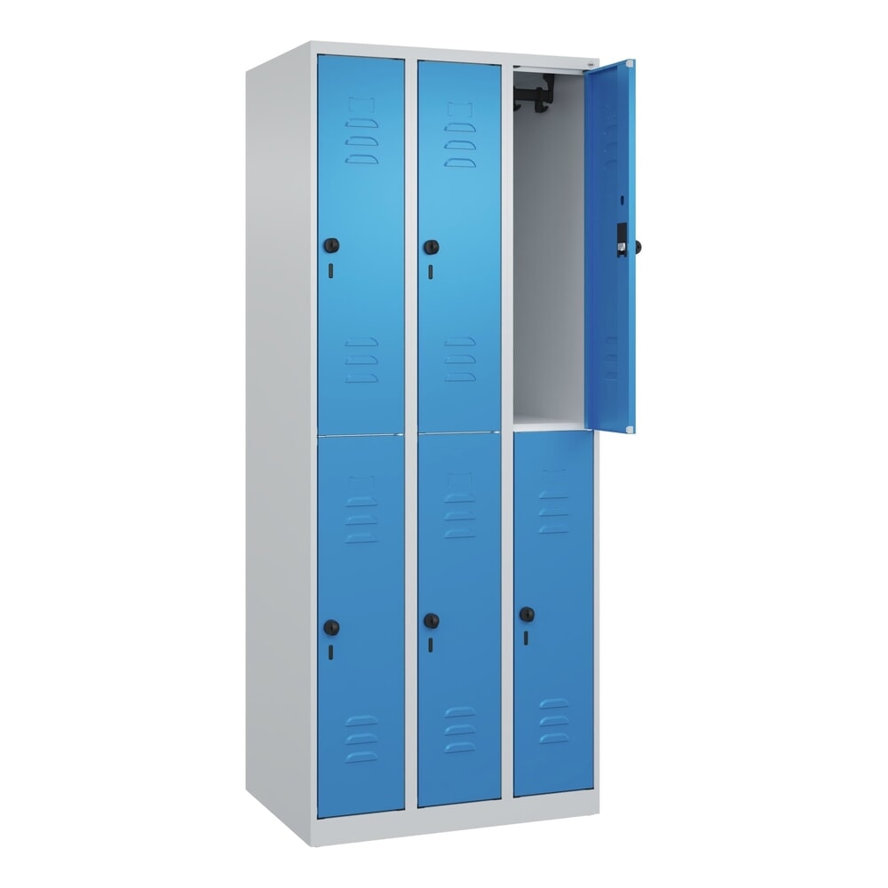 Produktabbildung: C+P Doppelstock-Spind Classic PLUS, 3 Abteile, HxBxT 1.850 x 750 x 500 mm, lichtgrau, lichtblau, für Vorhängeschloss, 6 Fächer