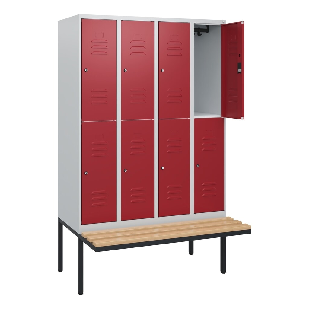 Produktabbildung Nr. 1: C+P Doppelstock-Spind Classic PLUS, 4 Abteile, HxBxT 1.950 x 1.200 x 815 mm, Zylinderschloss, auskragende Bank aus Buche, lichtgrau, rubinrot
