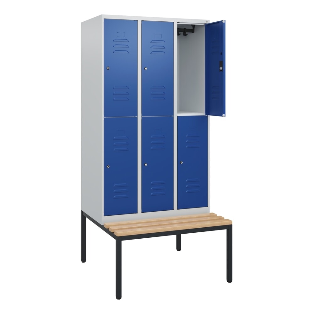 Produktabbildung Nr. 1: C+P Doppelstock-Spind Classic PLUS, 3 Abteile, HxBxT 1.950 x 900 x 815 mm, Zylinderschloss, untergebaute Bank aus Buche, lichtgrau, enzianblau