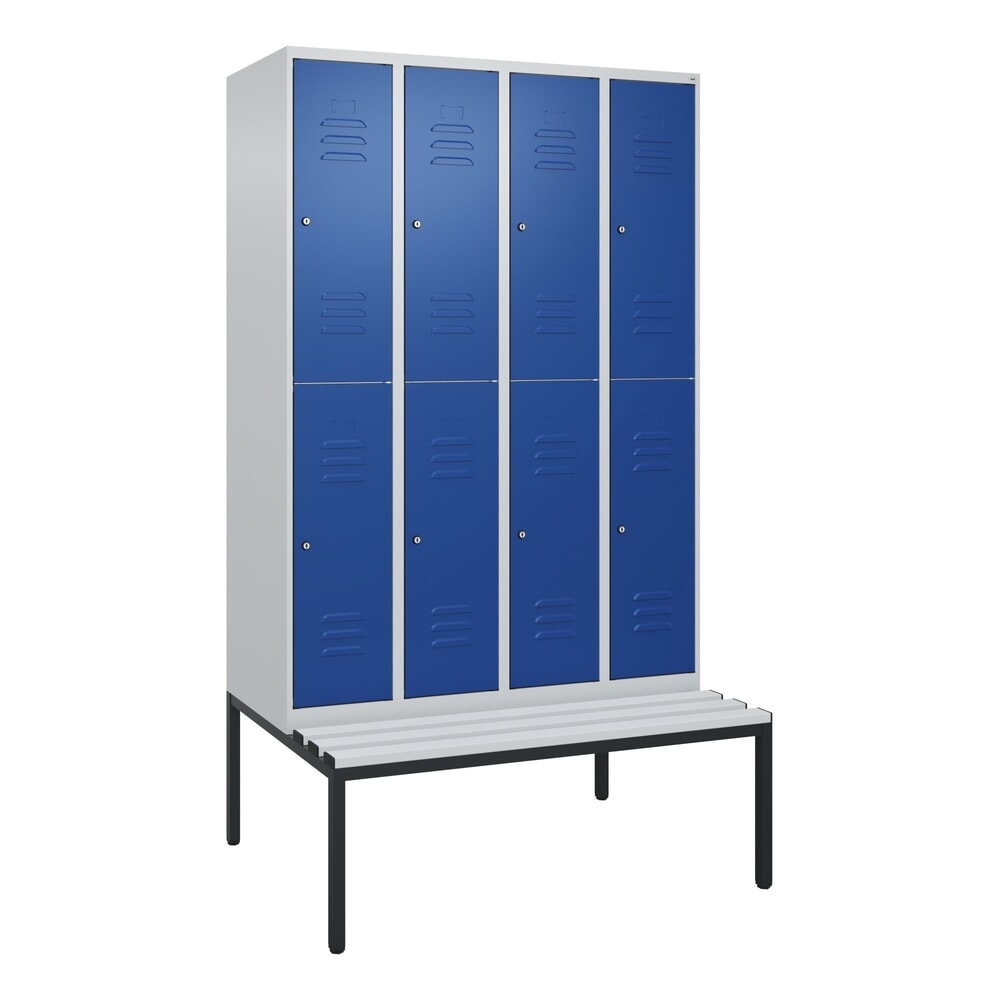 Produktabbildung Nr. 9: C+P Doppelstock-Spind Classic PLUS, 4 Abteile, HxBxT 2.120 x 1.200 x 815 mm, Zylinderschloss, untergebaute Bank aus Kunststoff, lichtgrau, enzianblau