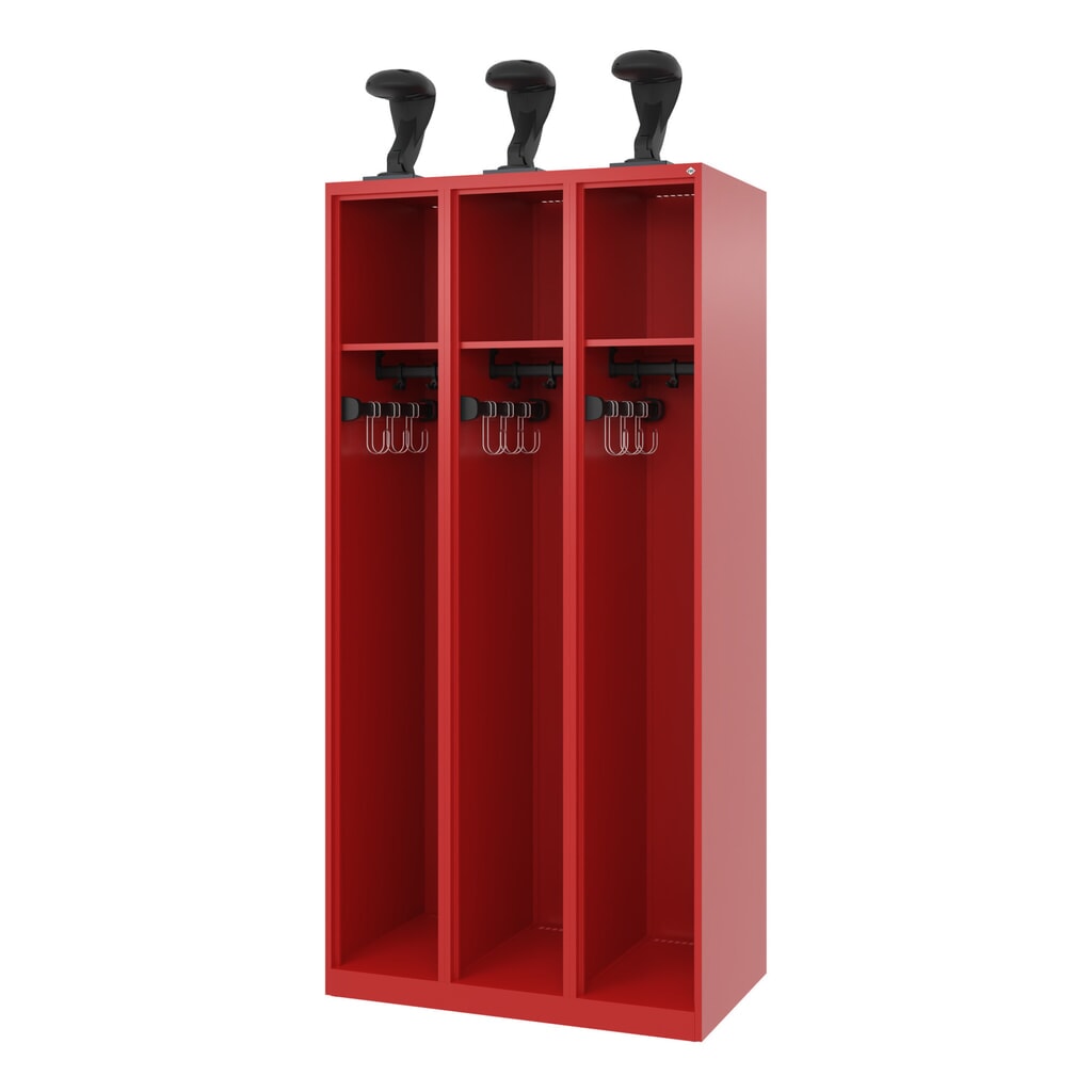 C+P Feuerwehrspind EXPERT, Bodengleiter, 3 Abteile, HxBxT 1.850 x 900 x 500 mm, feuerrot, mit Helmhalter Produktabbildung: C+P Feuerwehrspind EXPERT, Bodengleiter, 3 Abteile, HxBxT 1.850 x 900 x 500 mm, feuerrot, mit Helmhalter
