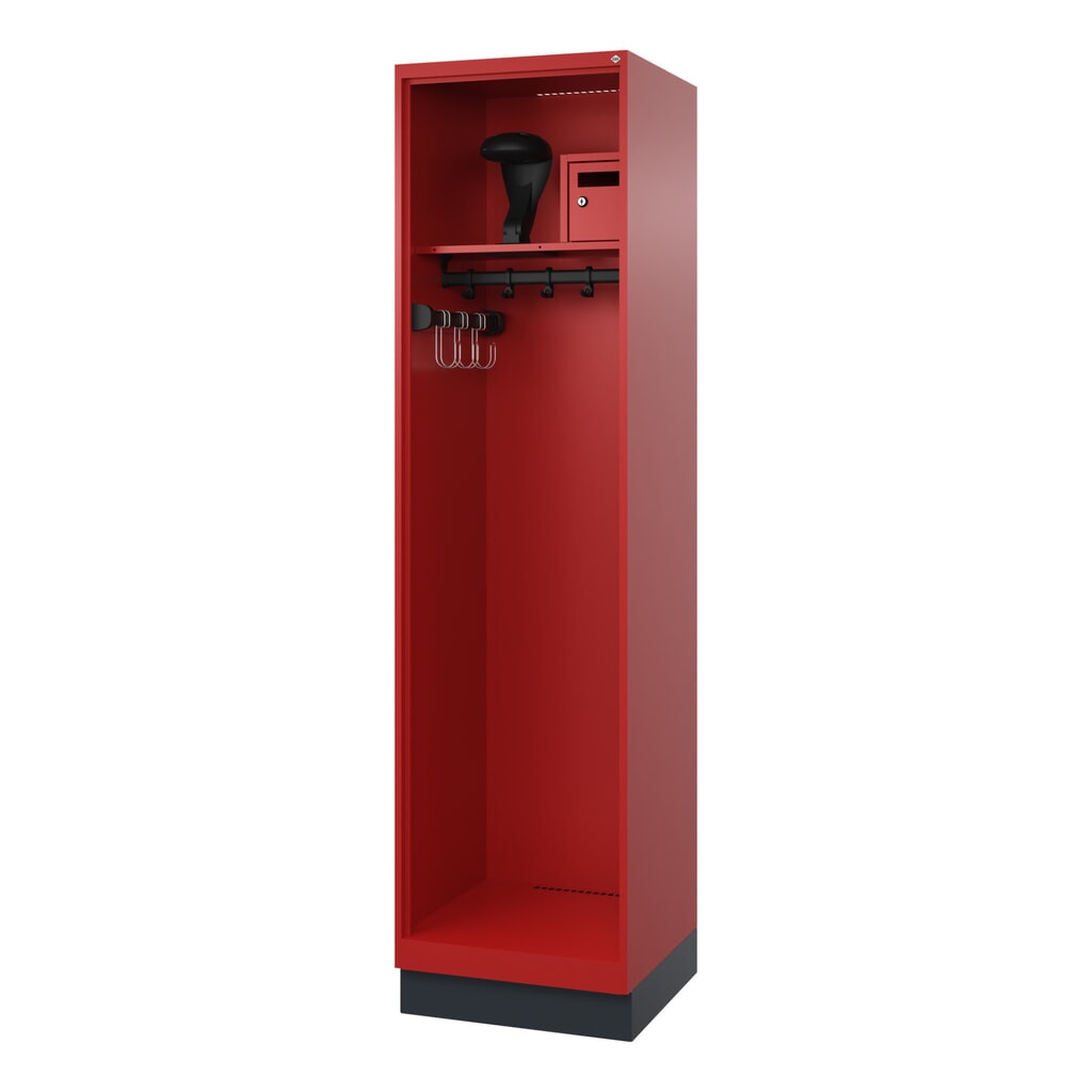 C+P Feuerwehrspind FLEXO, Sockel, 1 Abteil, HxBxT 1.850 x 500 x 500 mm, feuerrot, mit Helmhalter Produktabbildung: C+P Feuerwehrspind FLEXO, Sockel, 1 Abteil, HxBxT 1.850 x 500 x 500 mm, feuerrot, mit Helmhalter