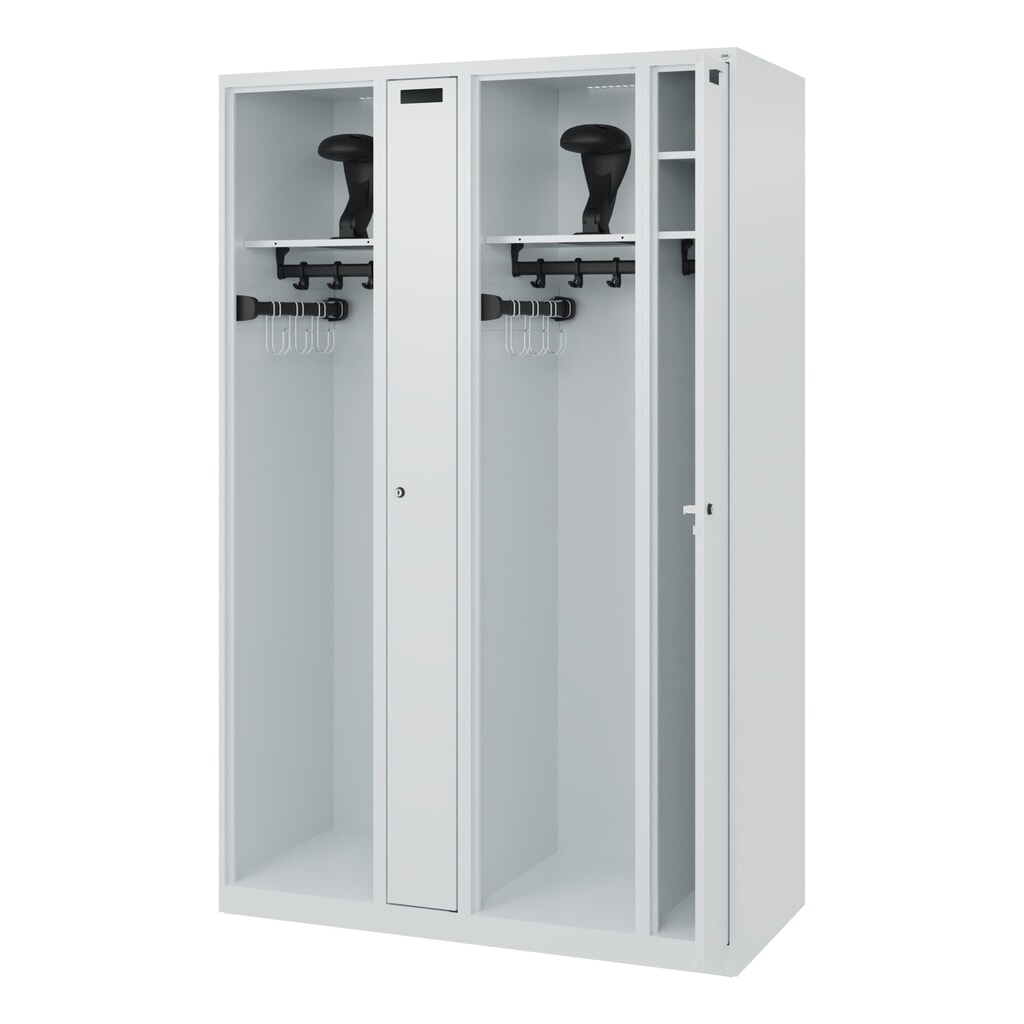 Produktabbildung: C+P Feuerwehrspind KOMBI, Bodengleiter, 2 Abteile, HxBxT 1.850 x 1.200 x 500 mm, lichtgrau, mit Helmhalter
