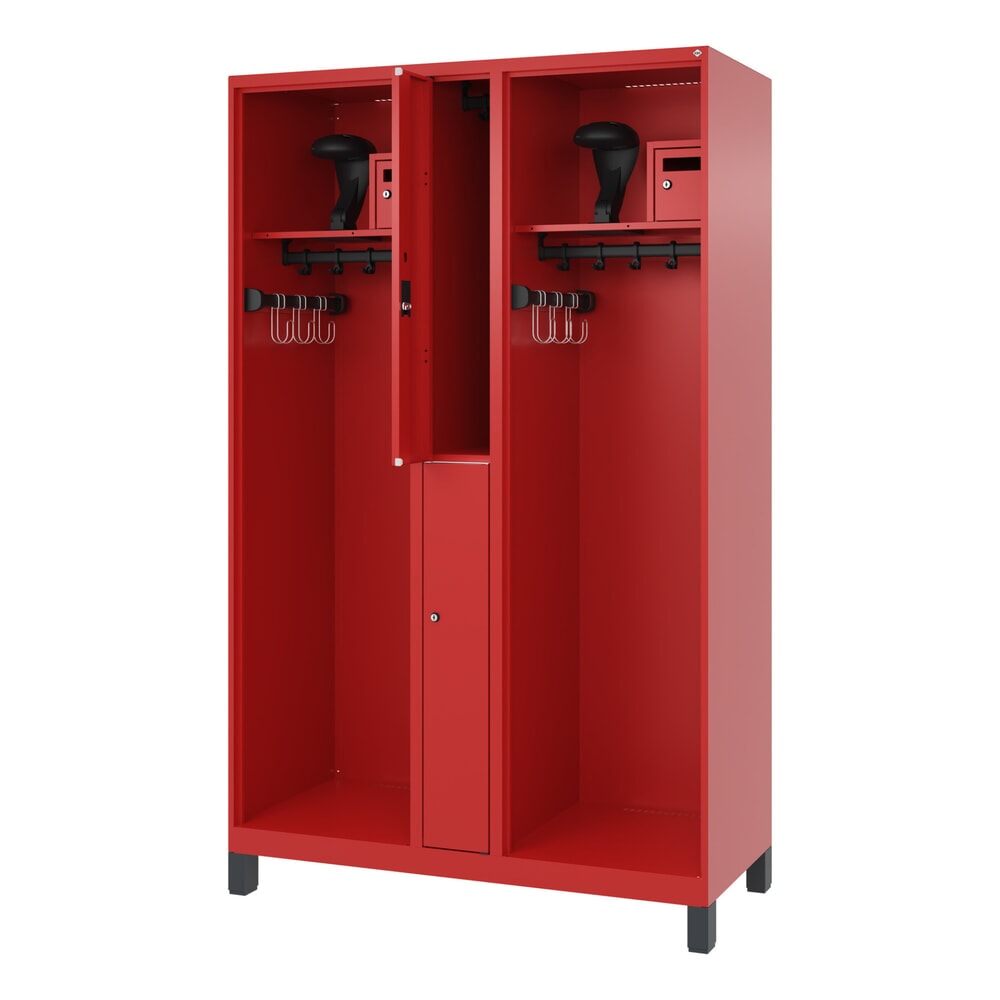 Produktabbildung: C+P Feuerwehrspind MAXI, Füsse, HxBxT 1.850 x 1.200 x 500 mm, feuerrot, mit Helmhalter