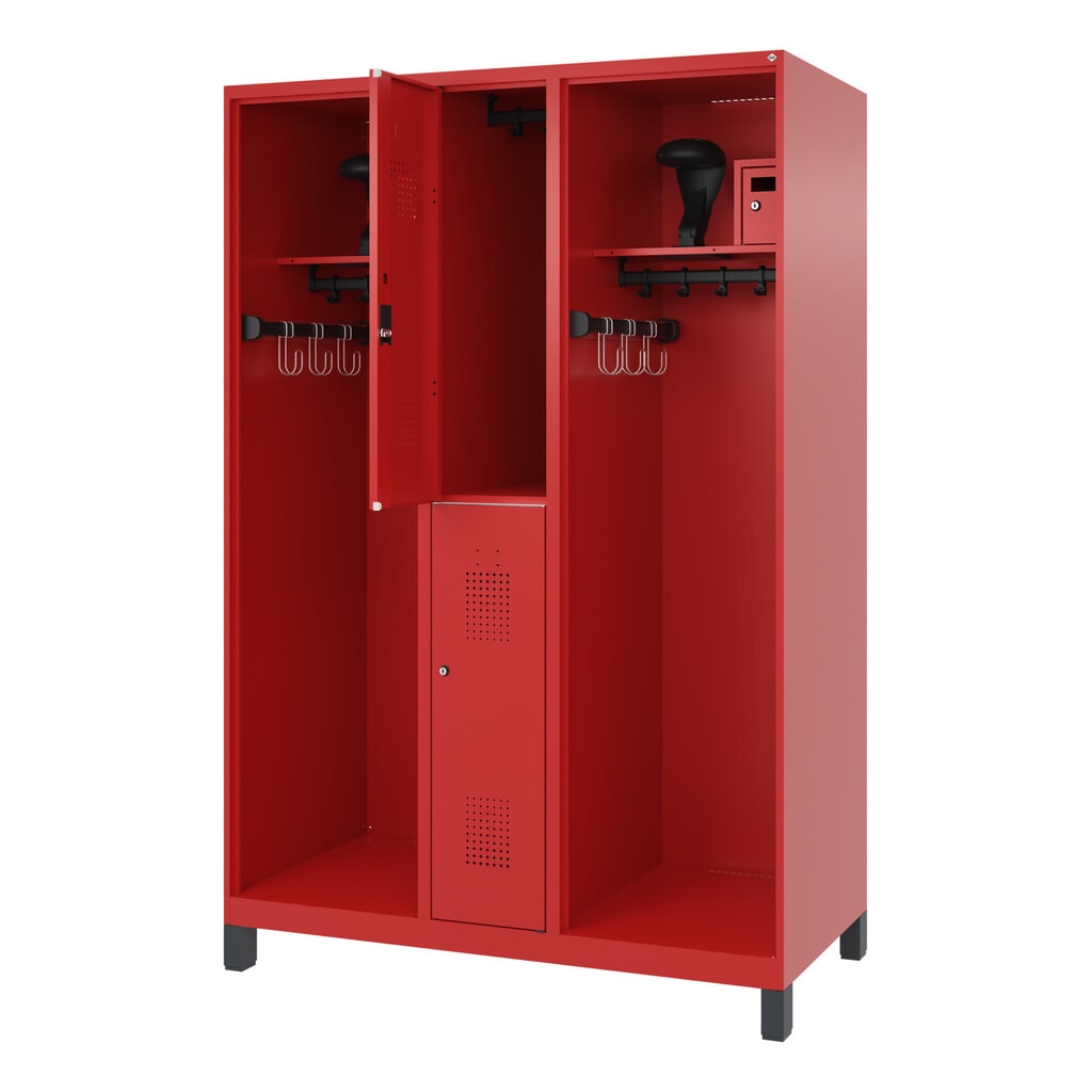 C+P Feuerwehrspind MAXI, Füsse, HxBxT 1.850 x 1.300 x 600 mm, feuerrot, mit Helmhalter Produktabbildung: C+P Feuerwehrspind MAXI, Füsse, HxBxT 1.850 x 1.300 x 600 mm, feuerrot, mit Helmhalter
