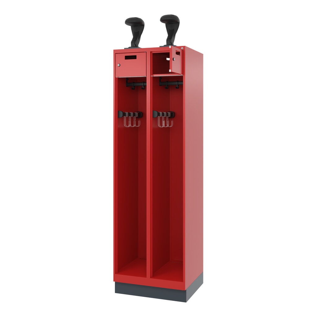 C+P Feuerwehrspind PRAKTUS, Sokel, 2 Abteile, HxBxT 1.850 x 600 x 500 mm, feuerrot, mit Helmhalter Produktabbildung: C+P Feuerwehrspind PRAKTUS, Sokel, 2 Abteile, HxBxT 1.850 x 600 x 500 mm, feuerrot, mit Helmhalter