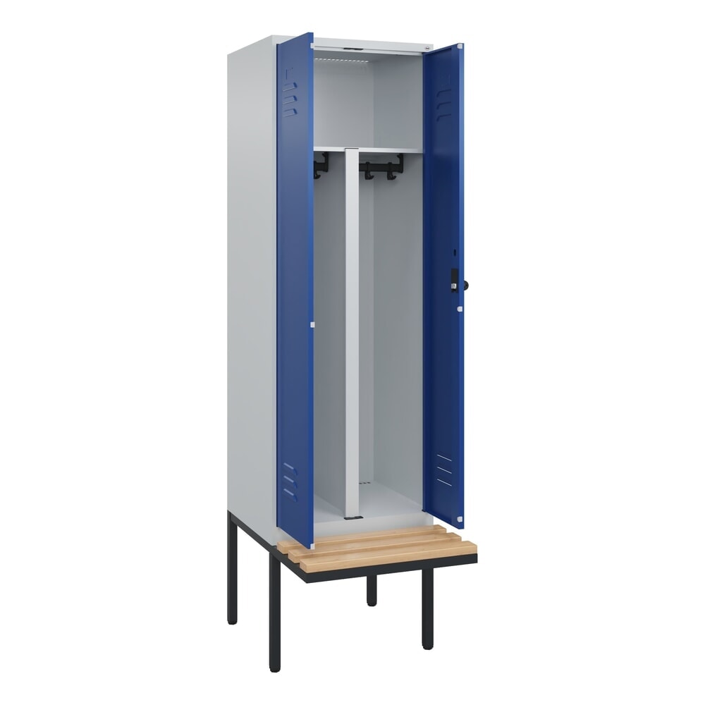 Produktabbildung: C+P PSA Doppel-Spind Classic PLUS, 2 Abteile, HxBxT 2.120 x 600 x 815 mm, für Vorhängeschloss, auskragende Bank aus Buche, lichtgrau, enzianblau