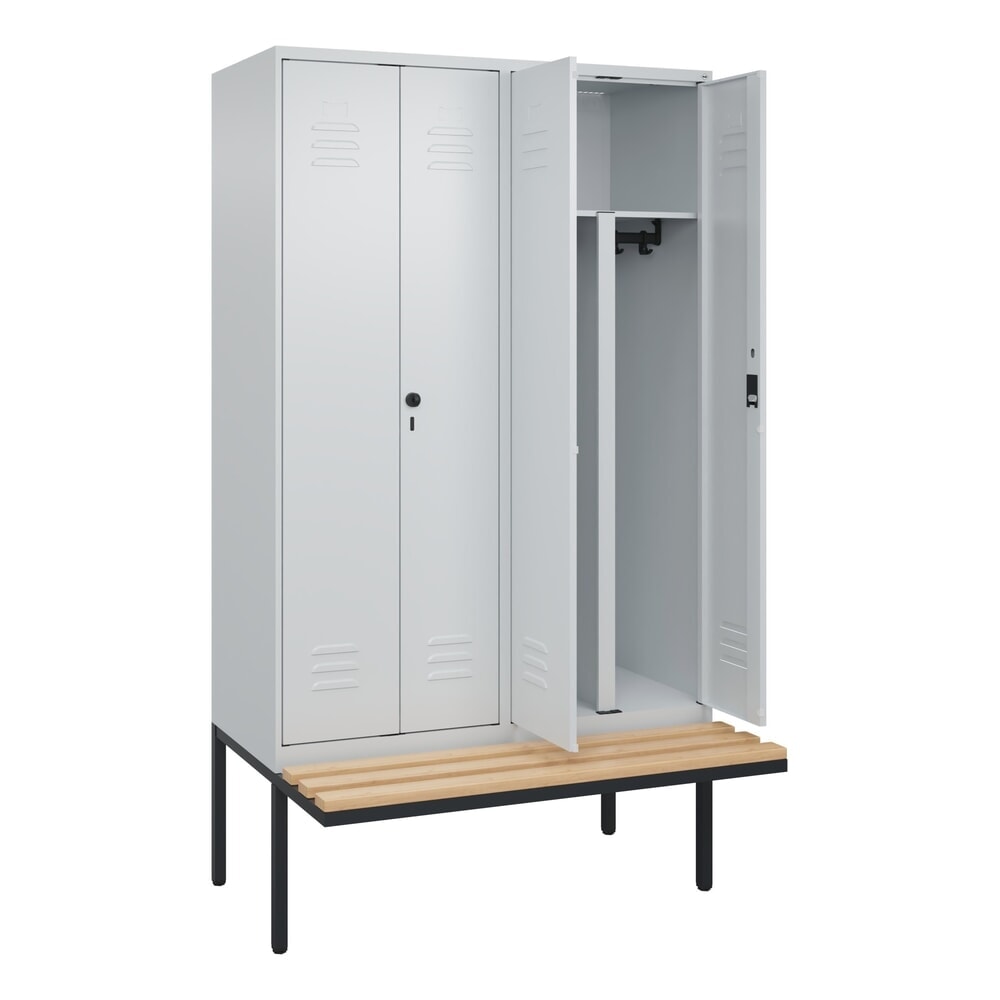 Produktabbildung: C+P PSA Doppel-Spind Classic PLUS, 4 Abteile, HxBxT 2.120 x 1.200 x 815 mm, Zylinderschloss, auskragende Bank aus Buche, lichtgrau, lichtgrau