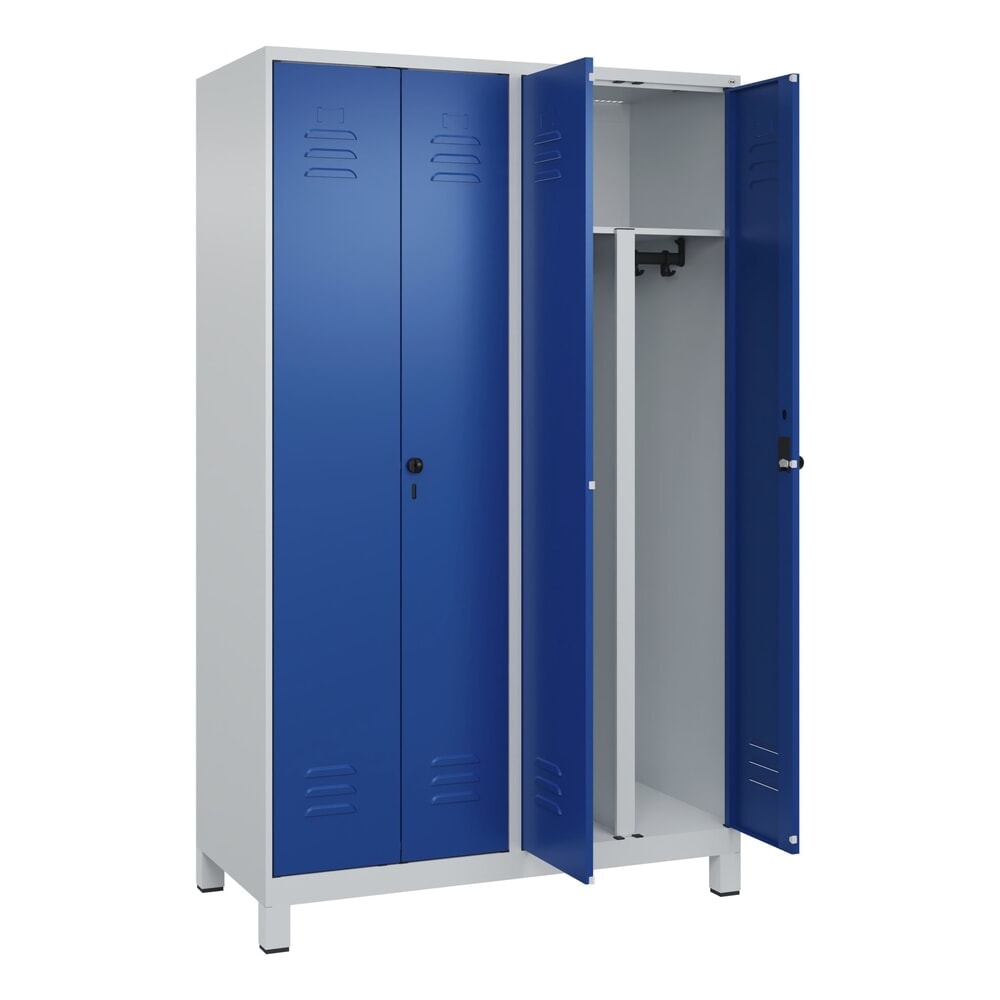 Produktabbildung: C+P PSA Doppel-Spind Classic PLUS, Füsse, 4 Abteile, HxBxT 1.950 x 1.200 x 500 mm, lichtgrau, enzianblau, für Vorhängeschloss