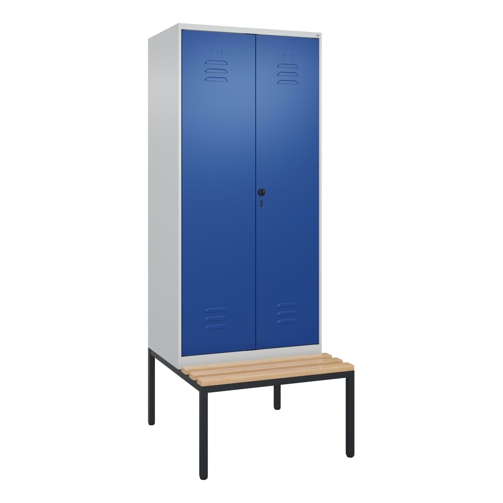 Produktabbildung Nr. 8: C+P PSA Doppel-Spind Classic PLUS, 2 Abteile, HxBxT 2.120 x 800 x 815 mm, für Vorhängeschloss, untergebaute Bank aus Buche, lichtgrau, enzianblau