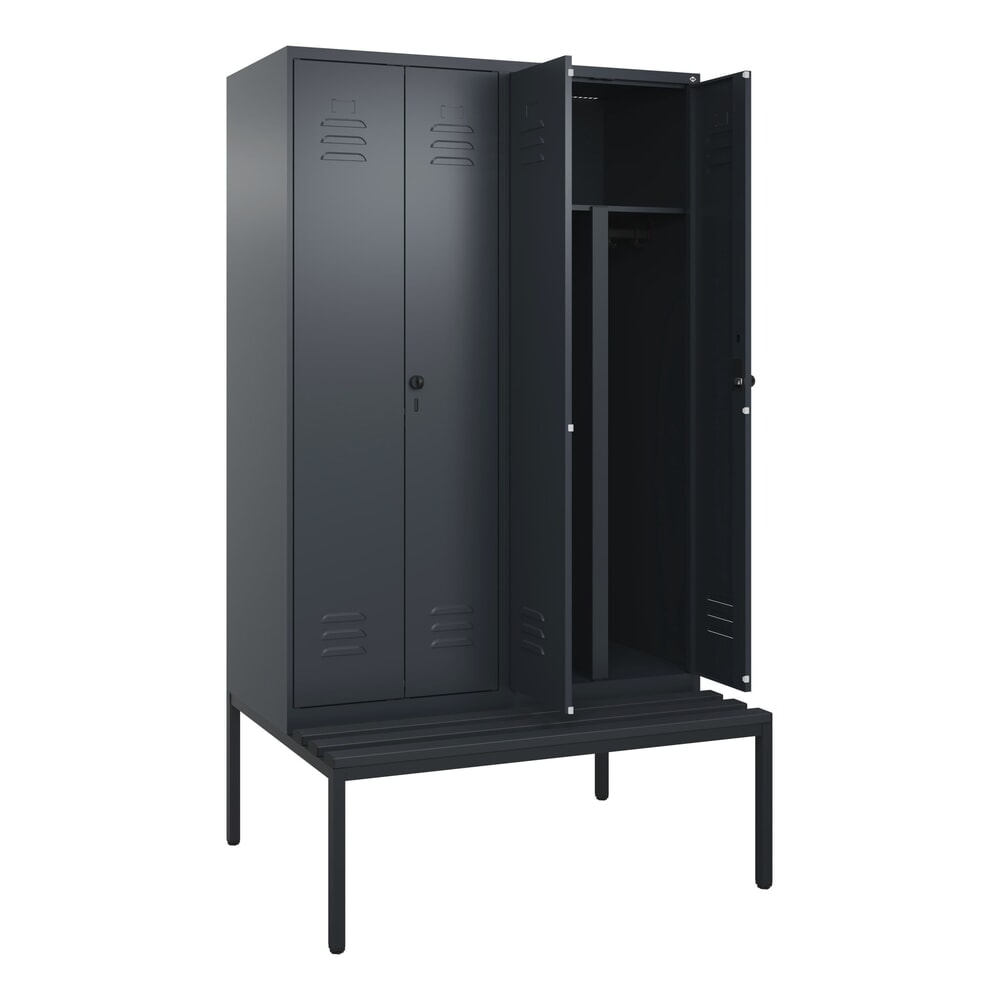 Produktabbildung: C+P PSA Doppel-Spind Classic PLUS, 4 Abteile, HxBxT 2.120 x 1.200 x 815 mm, für Vorhängeschloss, untergebaute Bank aus Kunststoff, anthrazitgrau, anthrazitgrau