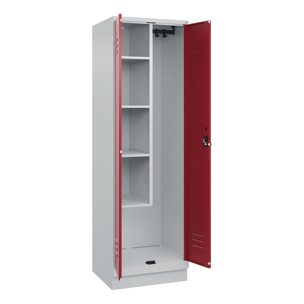 Produktabbildung Nr. 1: C+P Putzmittel-Spind Classic PLUS, Sockel, 2 Abteile, HxBxT 1.950 x 600 x 500 mm, lichtgrau, rubinrot, für Vorhängeschloss