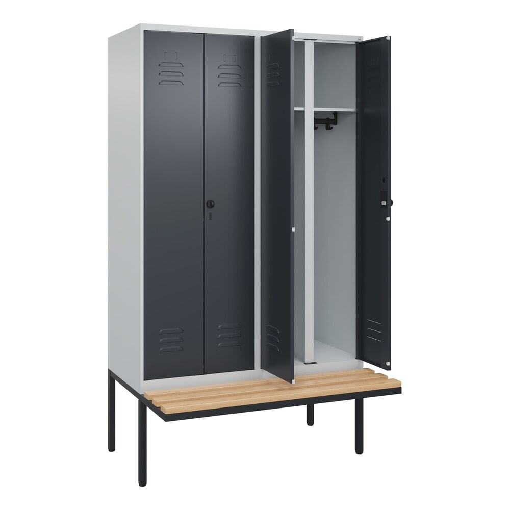 Produktabbildung: C+P Schwarz-Weiss-Spind Classic PLUS, 4 Abteile, HxBxT 2.120 x 1.200 x 815 mm, für Vorhängeschloss, auskragende Bank aus Buche, lichtgrau, anthrazitgrau