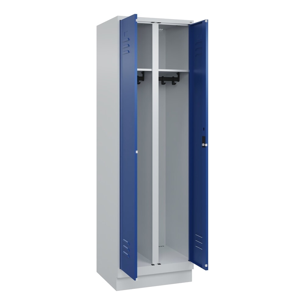 Produktabbildung: C+P Schwarz-Weiss-Spind Classic PLUS, Sockel, 2 Abteile, HxBxT 1.950 x 600 x 500 mm, lichtgrau, enzianblau, Zylinderschloss