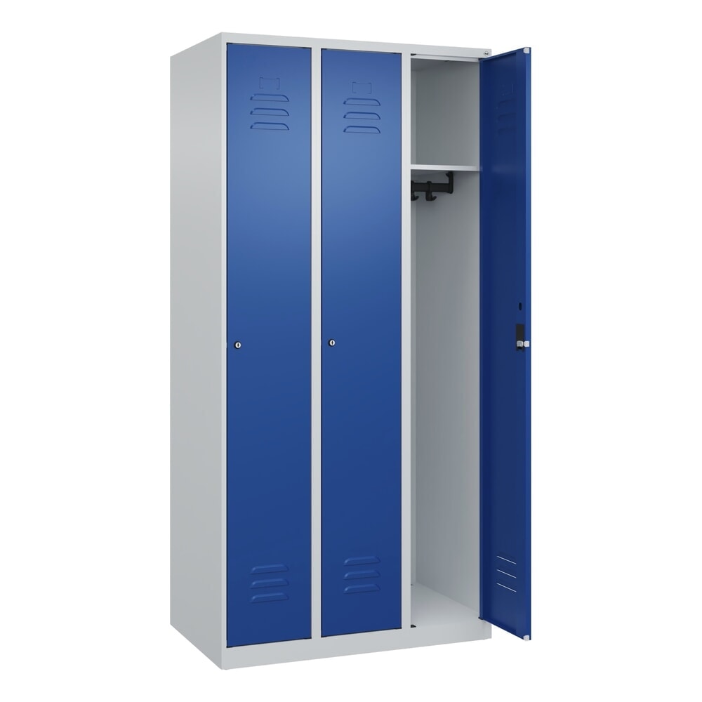 Produktabbildung Nr. 1: C+P Spind Classic PLUS, 3 Abteile, HxBxT 1.850 x 900 x 500 mm, lichtgrau, enzianblau, Zylinderschloss, ohne Mitteltrennwand