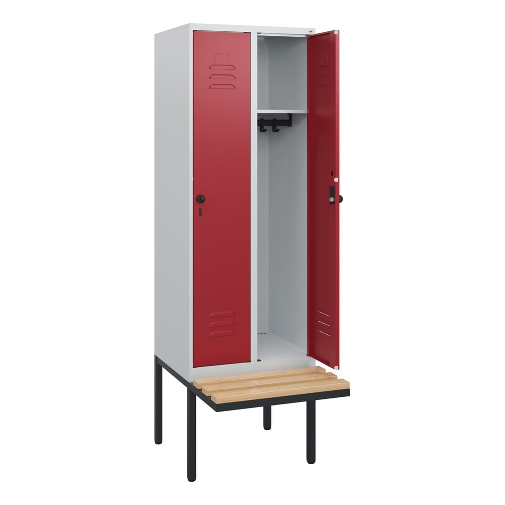 Produktabbildung: C+P Spind Classic PLUS, 2 Abteile, HxBxT 1.950 x 600 x 815 mm, für Vorhängeschloss, auskragende Bank aus Buche, lichtgrau, rubinrot