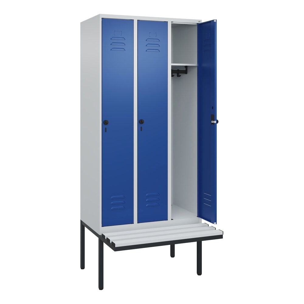 Produktabbildung Nr. 1: C+P Spind Classic PLUS, 3 Abteile, HxBxT 2.120 x 900 x 815 mm, für Vorhängeschloss, auskragende Bank aus Kunststoff, lichtgrau, enzianblau