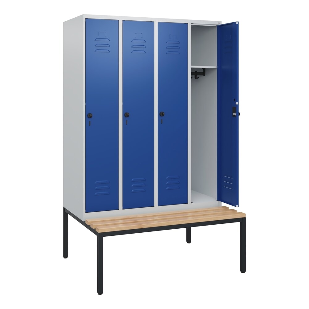 Produktabbildung: C+P Spind Classic PLUS, 4 Abteile, HxBxT 1.950 x 1.200 x 815 mm, für Vorhängeschloss, untergebaute Bank aus Buche, lichtgrau, enzianblau