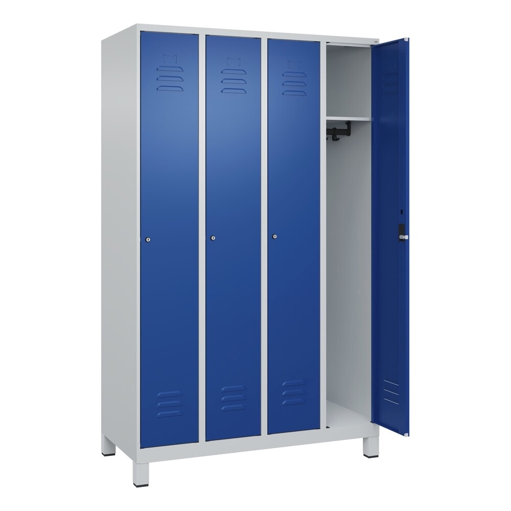 Produktabbildung: C+P Spind Classic PLUS, Füsse, 4 Abteile, HxBxT 1.950 x 1.200 x 500 mm, lichtgrau, enzianblau, Zylinderschloss, ohne Mitteltrennwand