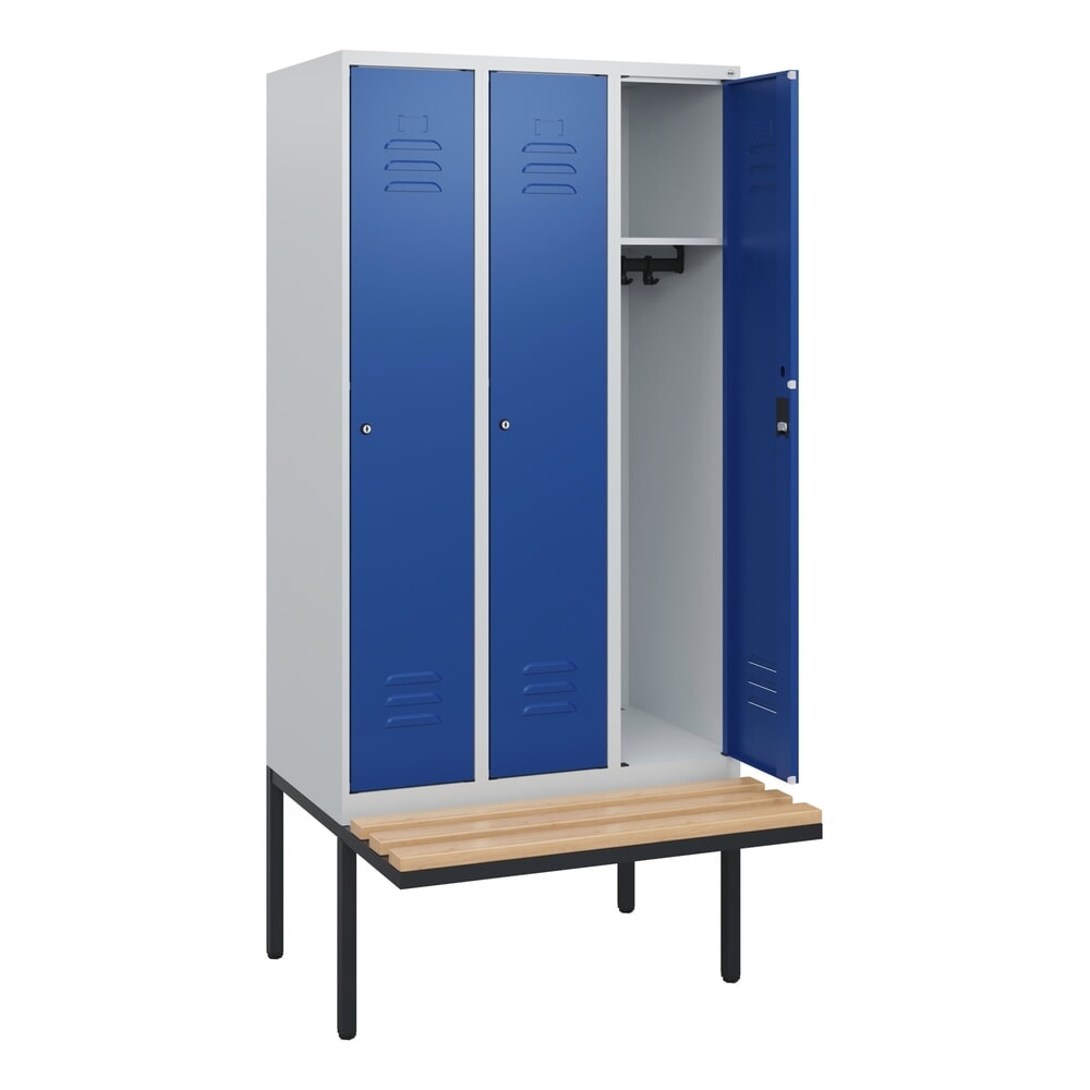 Produktabbildung Nr. 1: C+P Spind Classic PLUS, 3 Abteile, HxBxT 1.950 x 900 x 815 mm, Zylinderschloss, auskragende Bank aus Buche, lichtgrau, enzianblau