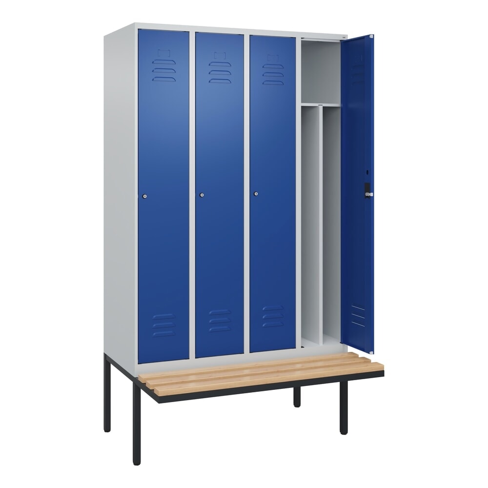 Produktabbildung Nr. 1: C+P Spind Classic PLUS, 4 Abteile, Trennwand, HxBxT 2.120 x 1.200 x 815 mm, Zylinderschloss, auskragende Bank aus Buche, lichtgrau, enzianblau