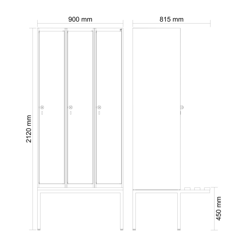 Produktabbildung Nr. 8: C+P Spind Classic PLUS, 3 Abteile, HxBxT 2.120 x 900 x 815 mm, für Vorhängeschloss, auskragende Bank aus Kunststoff, lichtgrau, enzianblau