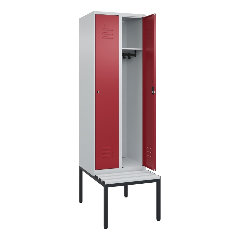 Produktabbildung: C+P Spind Classic PLUS, 2 Abteile, HxBxT 2.120 x 600 x 815 mm, Zylinderschloss, untergebaute Bank aus Kunststoff, lichtgrau, rubinrot
