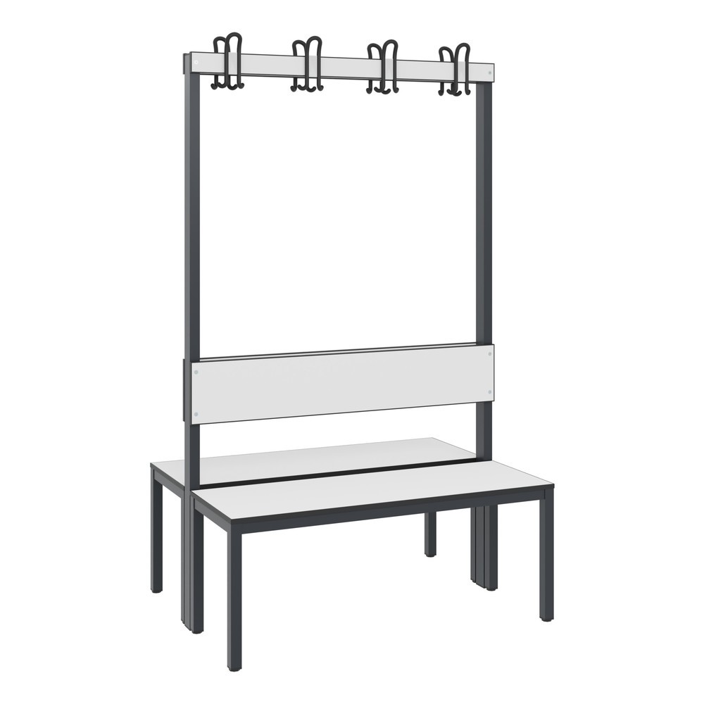 Produktabbildung: C+P Umkleidesitzbank Basic Plus, Länge 1.000 mm, doppelseitig, mit Rückenlehne, 2x4 Doppelhaken, schwarzgrau/weiss