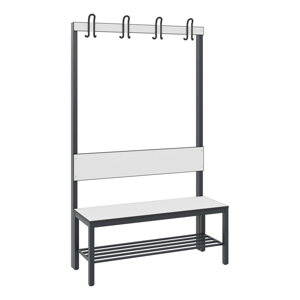 Produktabbildung: C+P Umkleidesitzbank Basic Plus, Länge 1.000 mm, einseitig, mit Rückenlehne, 4 Doppelhaken, inkl. Schuhrost, schwarzgrau/weiss