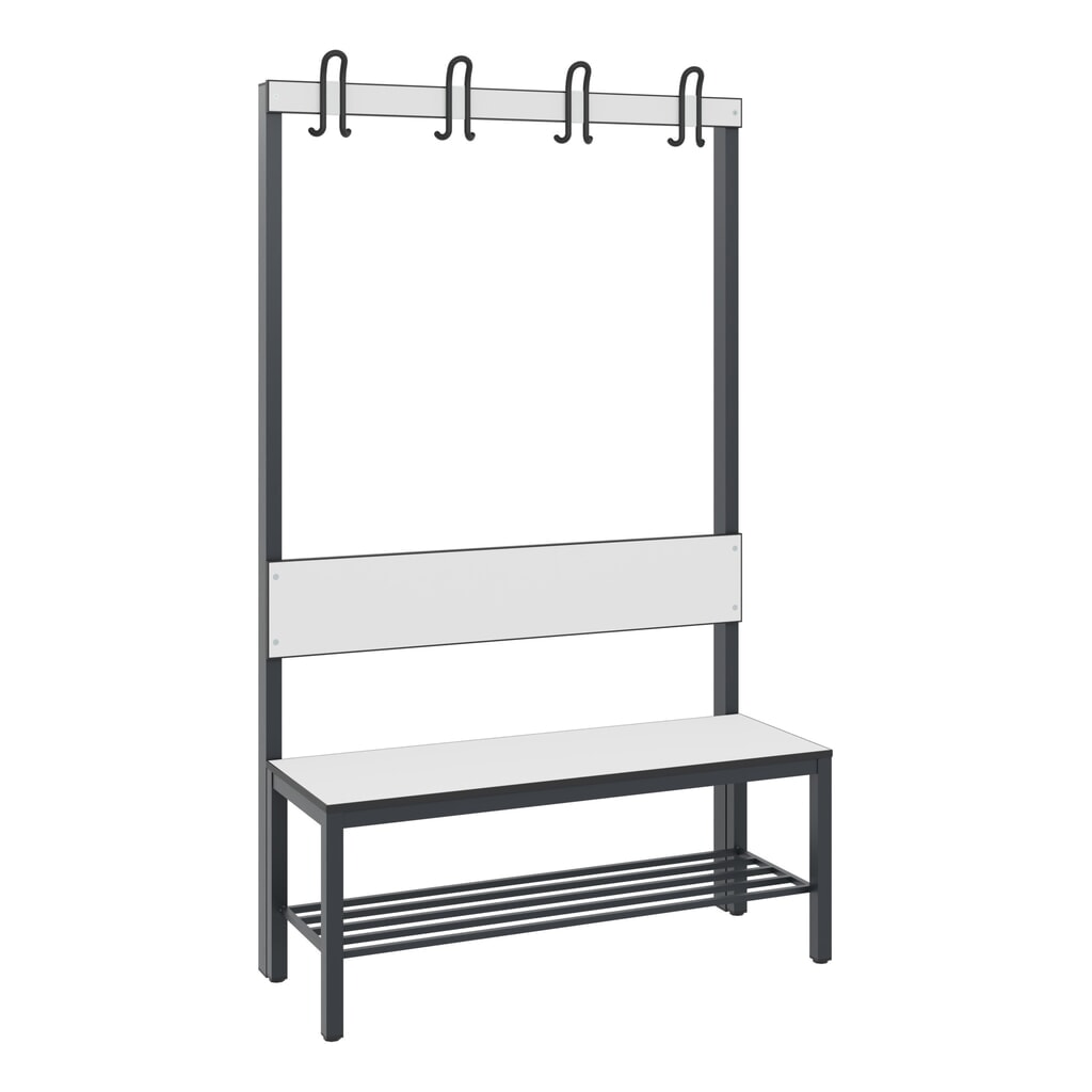 Produktabbildung: C+P Umkleidebank Basic Plus, Länge 1.000 mm, einseitig, mit Rückenlehne, 4 Doppelhaken, inkl. Schuhrost, schwarzgrau/weiss