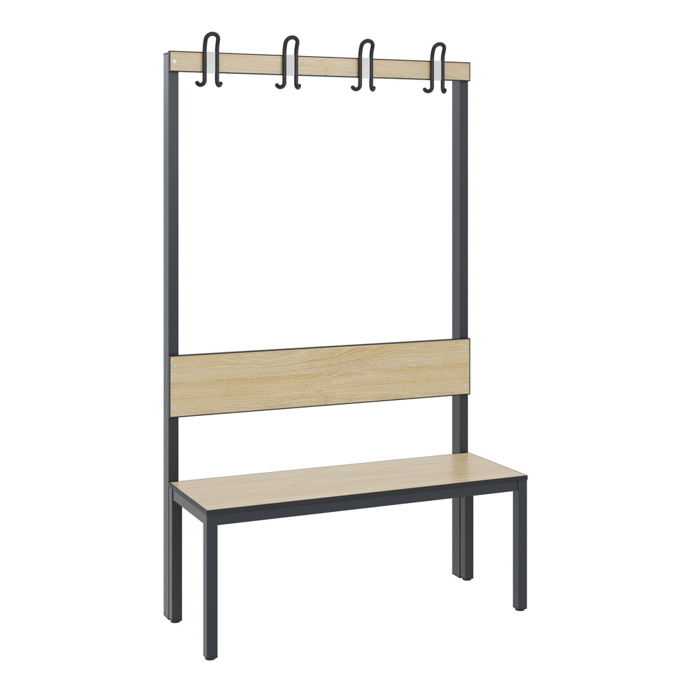 Produktabbildung: C+P Umkleidesitzbank Basic Plus, Länge 1.000 mm, einseitig, mit Rückenlehne, 4 Doppelhaken, schwarzgrau/Eiche Sereno