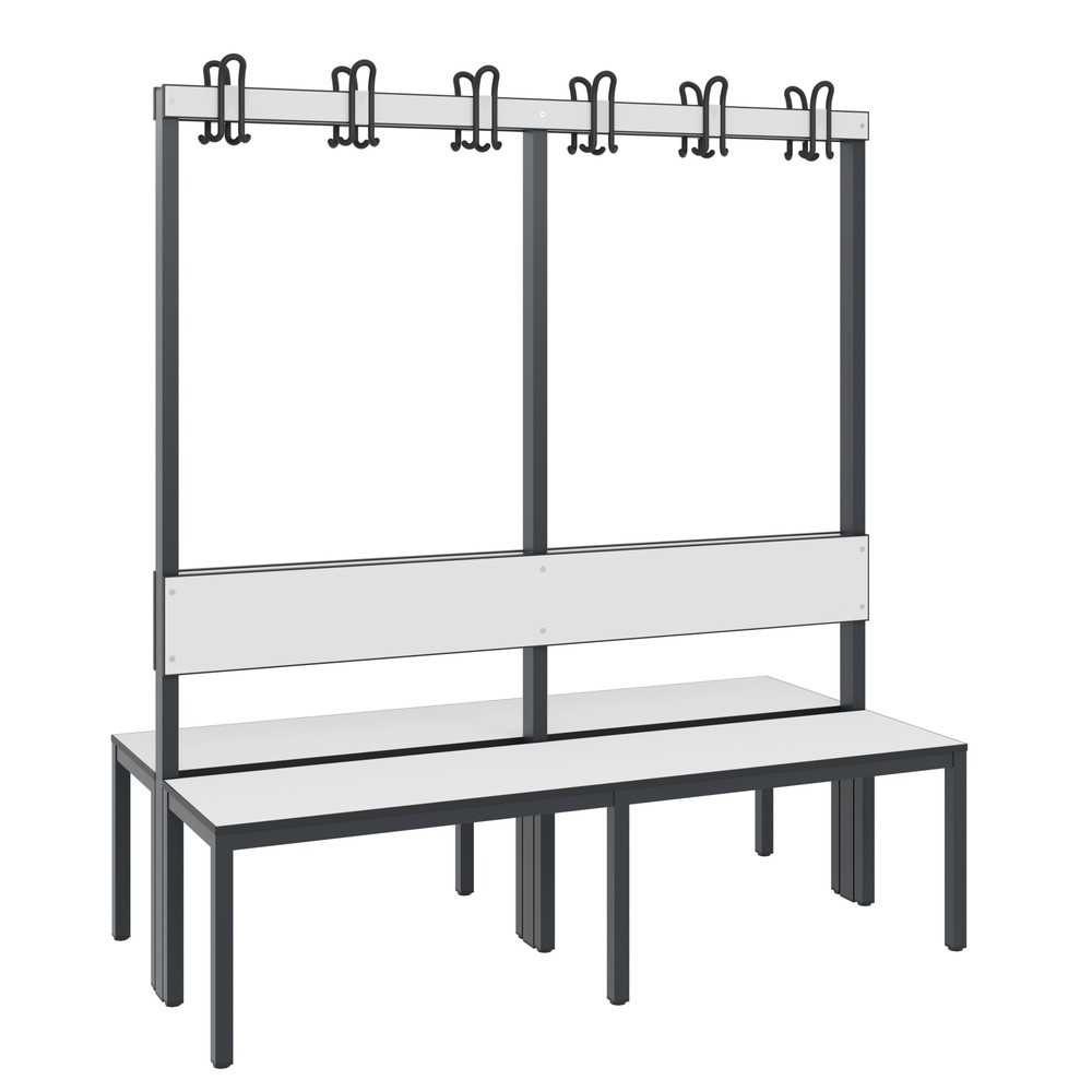 Produktabbildung: C+P Umkleidesitzbank Basic Plus, Länge 1.500 mm, doppelseitig, mit Rückenlehne, 2x6 Doppelhaken, schwarzgrau/weiss