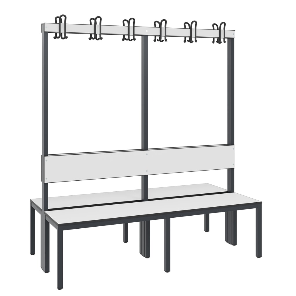 C+P Umkleidebank Basic Plus, Länge 1.500 mm, doppelseitig, mit Rückenlehne, 2x6 Doppelhaken, schwarzgrau/weiss Produktabbildung Nr. 1: C+P Umkleidebank Basic Plus, Länge 1.500 mm, doppelseitig, mit Rückenlehne, 2x6 Doppelhaken, schwarzgrau/weiss