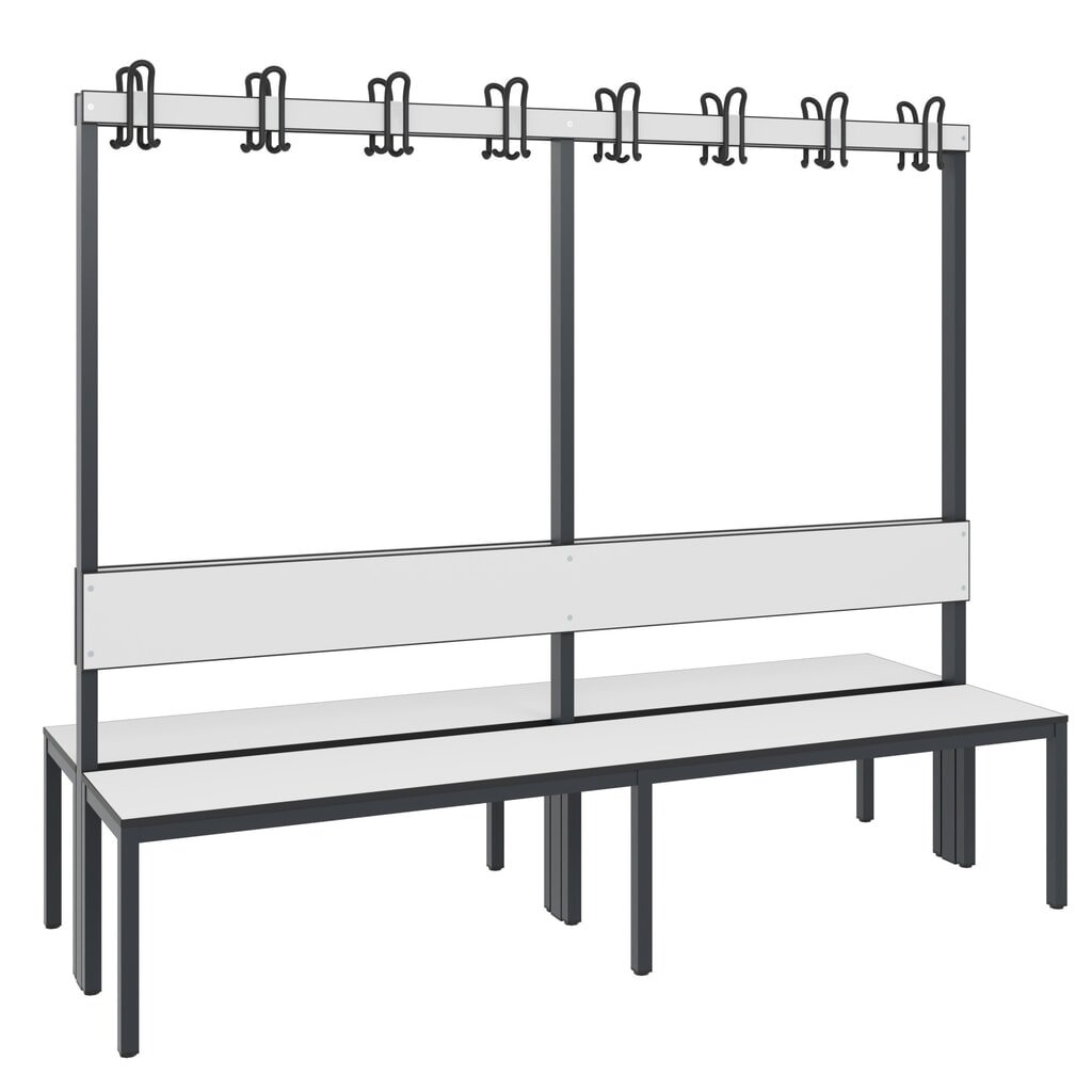 C+P Umkleidebank Basic Plus, Länge 1.960 mm, doppelseitig, mit Rückenlehne, 2x8 Doppelhaken, schwarzgrau/weiss Produktabbildung Nr. 1: C+P Umkleidebank Basic Plus, Länge 1.960 mm, doppelseitig, mit Rückenlehne, 2x8 Doppelhaken, schwarzgrau/weiss