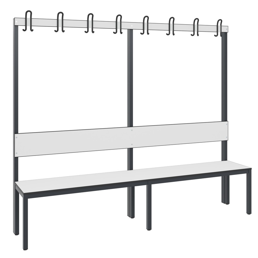 Produktabbildung: C+P Umkleidesitzbank Basic Plus, Länge 1.960 mm, einseitig, mit Rückenlehne, 8 Doppelhaken, schwarzgrau/weiss