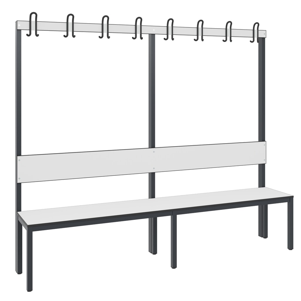 C+P Umkleidebank Basic Plus, Länge 1.960 mm, einseitig, mit Rückenlehne, 8 Doppelhaken, schwarzgrau/weiss Produktabbildung Nr. 1: C+P Umkleidebank Basic Plus, Länge 1.960 mm, einseitig, mit Rückenlehne, 8 Doppelhaken, schwarzgrau/weiss