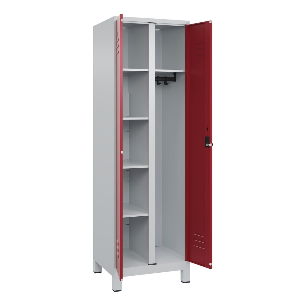 Produktabbildung: C+P Mehrzweck-Putzmittelschrank Classic PLUS, Füsse, 2 Abteile, HxBxT 1.950 x 600 x 500 mm, lichtgrau, rubinrot, für Vorhängeschloss